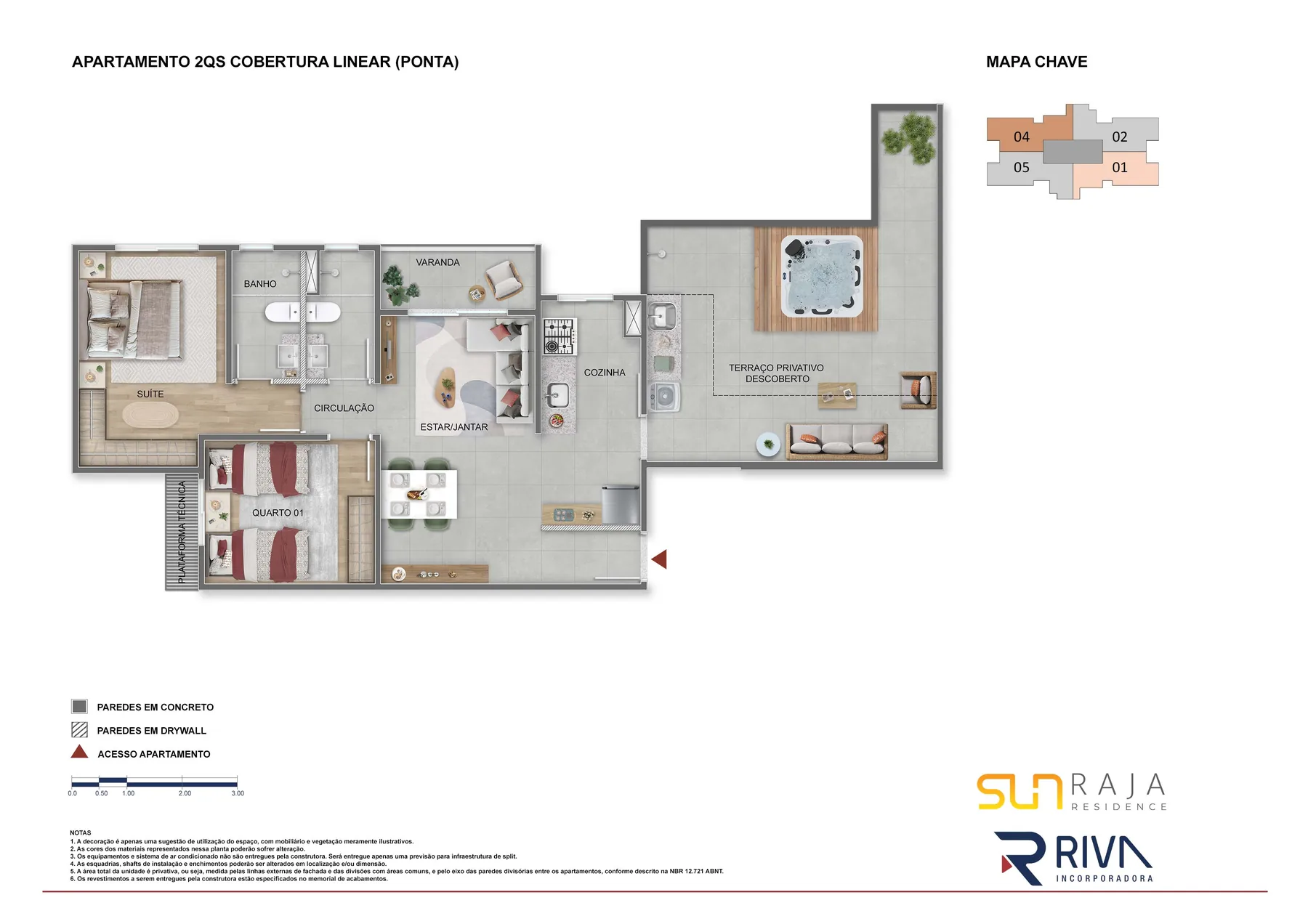 Planta humanizada da cobertura linear de 2 quartos