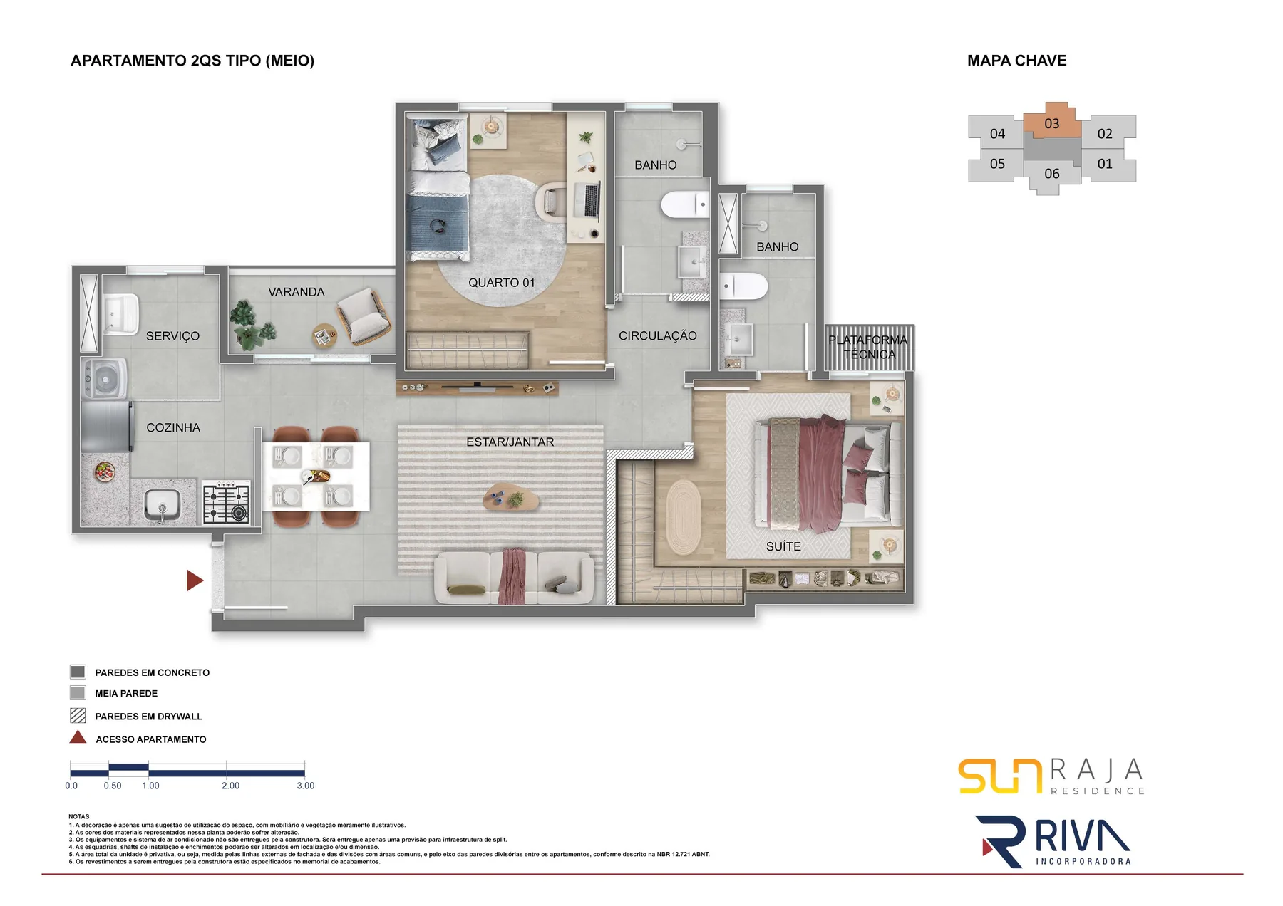 Planta humanizada de 2 quartos com suíte, tipo meio