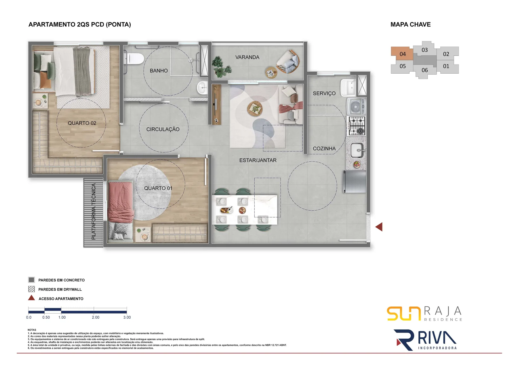 Planta humanizada de 2 quartos, unidade PCD